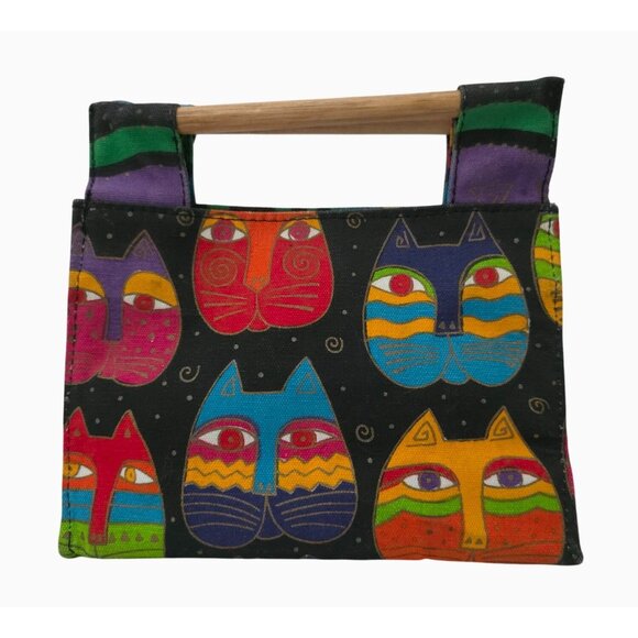 Laurel Burch Multicolor Cat Gato Pattern Canvas Mini Handbag With Wooden Handles - Picture 2 of 10
